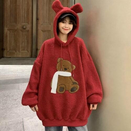 Deeptown Kawaii Hoodie Winter Warm Fashion Hoodies Women Bear Print Long Sleeve Pullover Loose Cute Embroidery Sweatshirt Women