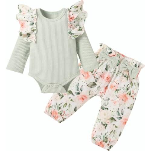 New Infant Long Sleeve Romper + Trousers, Bow Ruffle Decoration Flower Pattern Spring Clothing