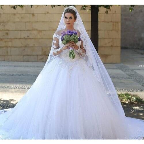 Long Sleeve Beaded Lace Ball Gown Plus Size Wedding Dress Custom Made Robe de Mariage Romantic Chapel Train Bridal Gowns