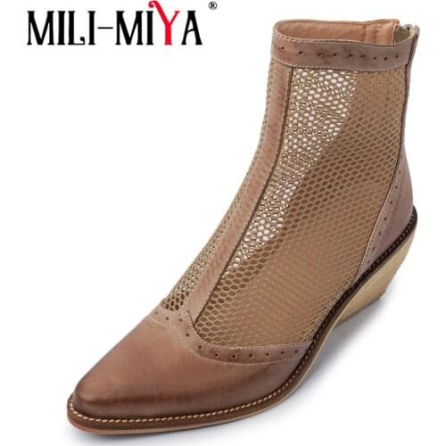 MILI-MIYA Western Ankle Boots Women Genuine Leather Vintage Pointed Toe Square High Heels Sexy Breathable Hollow Out Wild Shoes