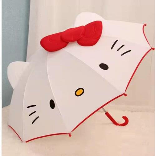 Cute cartoon childrens umbrella, sunshade long handle, windproof umbrella, three-dimensional kitten pattern, bow, bow