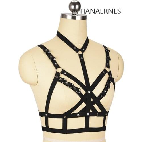 New Rivet Hanging Ring Body Harness Bra Sexy Black Adjustable Bondage Cage Bra Elastic Punk Suspender Belt Lingerie
