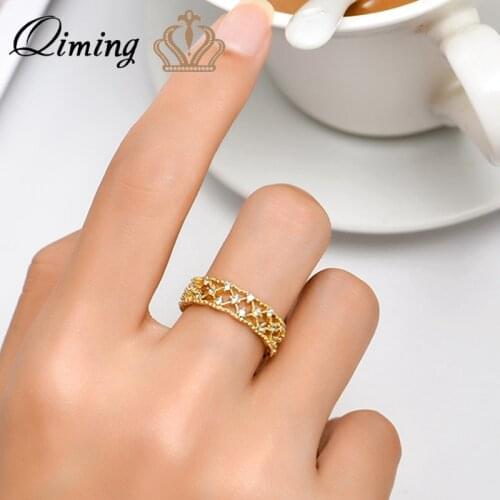 QIMING Hollow Gold Rings For Women Female INS Style Handmade Zircon Opening Index Finger Fashion Jewelry Ring Bague