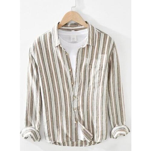 Striped Linen Shirt Mens Spring Summer Leisure Shirts Men long Sleeve Casual Tops Fashion Boys Mens Clothing XXXL