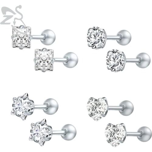 ZS 4 Shape Cubic Zirconia Stud Earrings 8 Pcs/lot Heart Star Earring Ear Cartilage Piercing Jewelry for Women Body Jewelry