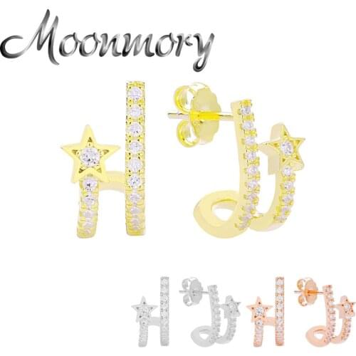 Moonmory 925 Sterling Silver Zircon Dangle Star Drop Earring For Women Wedding Romantic Double Curve Pendientes De Mujer Jewelry
