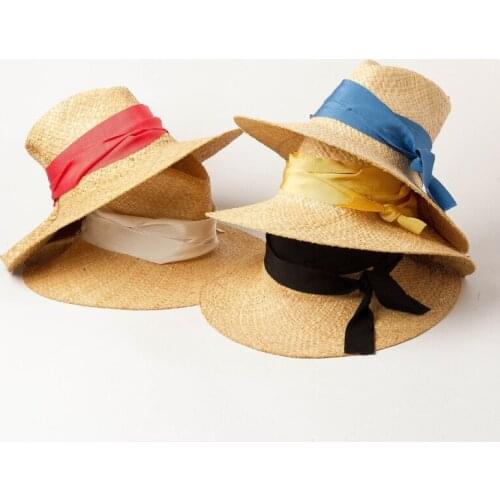 Wide ribbon bow double-layer hand-knit Raffi grass jazz hat outdoor shade beach straw hat