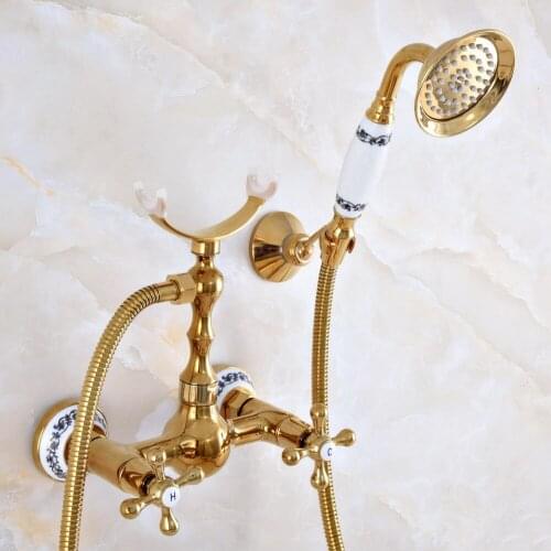 Modern Polished Gold Color Brass Wall Mount Bathtub Faucet with Handheld Shower Set +1.5M Hose Mixer Tap 2na939