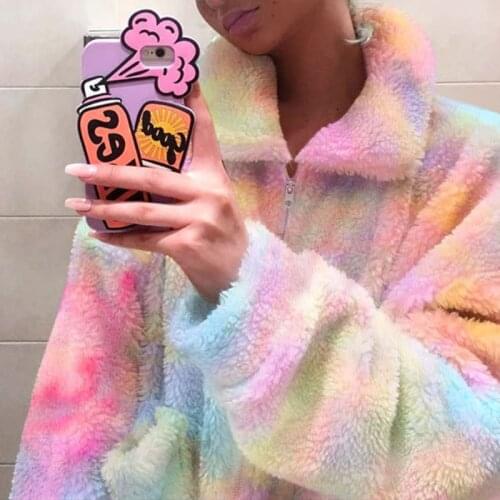 Loose Rainbow Tie-Dye Ladies Hoodie Autumn Winter Zipper Fluffy Ladies Warm Soft Pullover Plush Fashion Pullover 2021 New