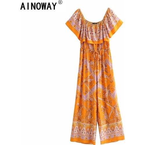 Vintage chic women orange floral print sleeveless Boho Bodysuits Rompers ladies off shoulder bohemian rayon Rompers Jumpsuit