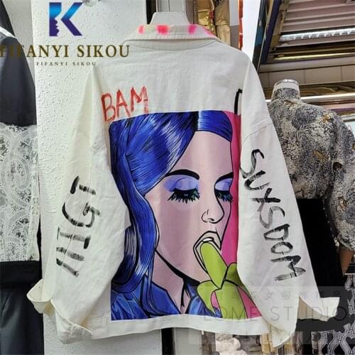 Jeans Jacket Women 2021 New Letter Print Fashion Graffiti Denim Jackets Streetwear Loose Pocket Lapel Hip Hop Jeans Coat Female