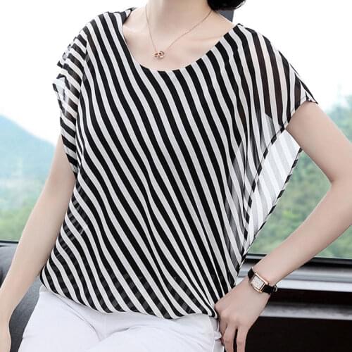 Chiffon Women Summer Style Fashion Short Sleeve Blouse Casual Shirt Bat Sleeve Stripe O-Neck Blouses Sleeveless TopsMM0173