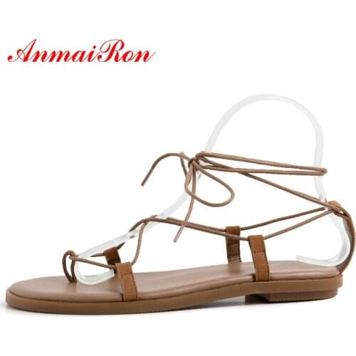 ANMAIRON Gladiator Women Sandals Casual Lace-Up Shoes Woman 2020 Genuine Leather Ankle Strap Narrow Band Fashion Women Shoes