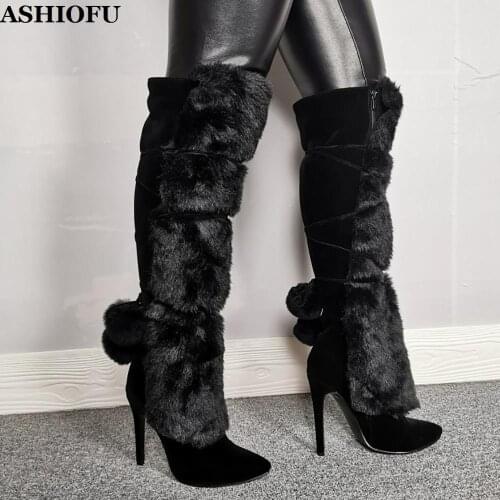 ASHIOFU New Hot Handmade Ladies Knee-hi Boots Manmade-fur Real Photos Sexy Club Party Boots Evening Dance Fashion Highheel Boots