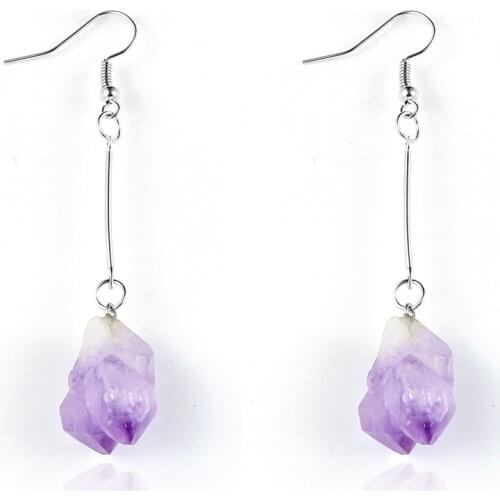 Women Natural Purple Crystal Dangling Earrings Ear Clips Irregular Amethysts Hanging Earring Stud Hoops Female Fashion Jewelry