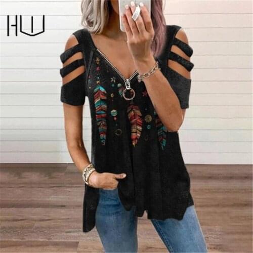 V-neck Zipper Pullover Print Short-sleeved Loose T-shirt Short Sleeves Hollow Printed Womens Retro Tops Casual Office Clothes