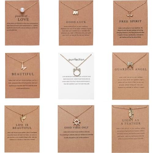 1PC Simple Round Compass Elephant Bird Leaf Pearl Pendant Link Chain Necklace With Cardboard Charm Jewelry Gift For Women Men