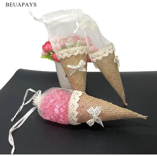 20pcs Hessian Burlap Organza Pew Cone Gift Candy Bag With Lace Ribbon Rustic Wedding Decoration For Home PartyFavors Accessories