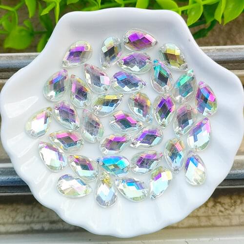 50pcs 8*13mm Drop Shape Crystals AB Rhinestone Flatback Sewing 2 Hole Stones Resin for DIY Wedding Dress