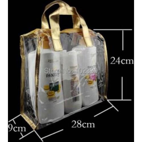 50pcs Golden Clear PVC Cosmetic Bag Sale Promotion Shampoo Shower Gel Packing Bag Toys Packaging PU Gift Bag