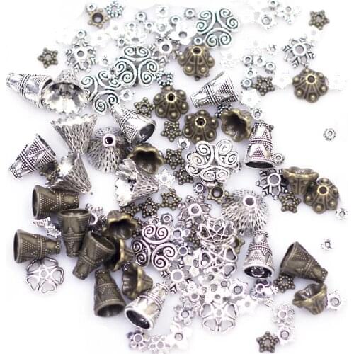 30g End Bead Caps Flower Metal Bronze Silver Tone Mixed For Tassel Needlework Jewelry DIY Making Accessories