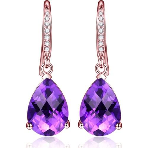 AMETHYST GEMSTONES PURPLE CRYSTAL DANGLE DROP EARRINGS FOR WOMEN PENDIENTES ROSE GOLD COLOR DIAMOND FASHION LUXURY JEWELRY GIFT