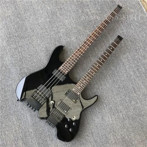Free transportation, headless double neck bass guitar. Headless bass. 4-string and 6-string electric guitars. Black hardware