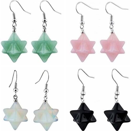 Bohemian Natural Gem Stone Merkabah Star Drop Earrings for Girl Opal Pink Crystal Polyhedral Reiki Eardrop Dangle Earrings Women