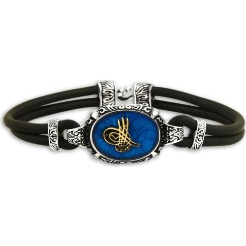 925 Sterling Silver Bracelet for Men with Blue Enamelled Ottoman Sign