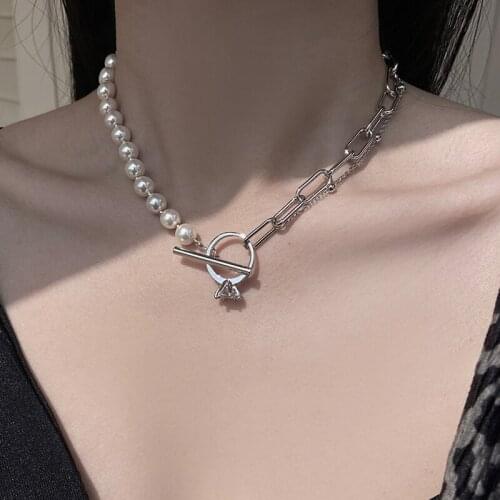 Lifefontier Punk Crystal Rings Pendant Choker Necklace Pearl Beads Chain Silver Color Metal Chains Necklaces for Women Jewelry