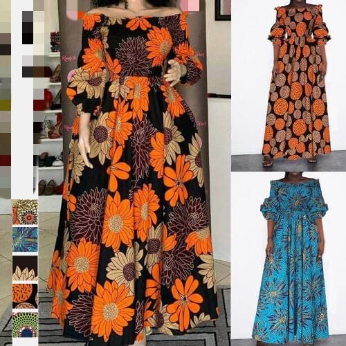 African Dresses for Women Fashion Floral Print Slash Neck Three Quarter Sleeve Maxi Dress High Waist Vintage Long Dress Summer