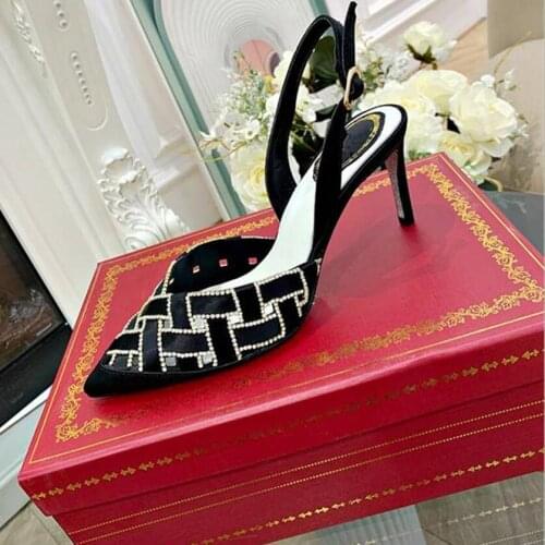 Summer Sandals Women Pointy High Heels Cutout Stiletto Ladies Shoes Crystal Pumps Sexy Sandalias Mujer Rhinestone Talon Femme