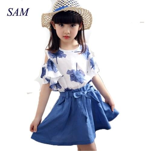 Summer Kids Girls Clothing Sets 2016 Cute Princess Maple Leaf Print T-shirt +flax Skirt Children Clothing Set Wear 5-11 Ages
