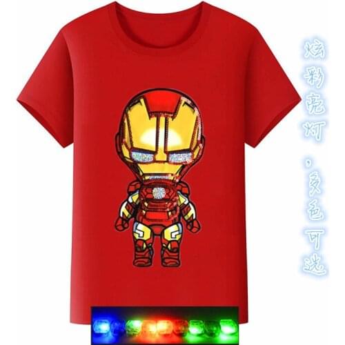 Disney summer cartoon printing color sequins boys and girls light up LED T-shirt cotton short-sleeved top