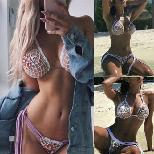 Fashion Women Sexy Summer Bikini Set Bandage Push-Up Padded Crystal Ladies Knit Swimwear Cutout Swimsuit
