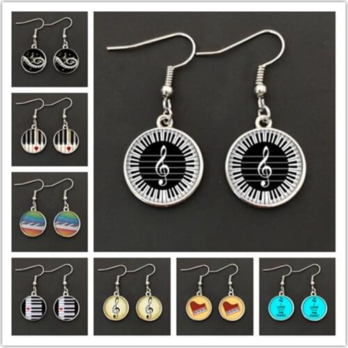 2020 new heart-shaped piano love pendant round glass earrings convex piano keyboard glass dome demo earrings jewelry