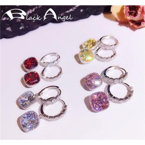 BLACK ANGEL New Super Shiny Luxury Square Cirtine Pink Red White CZ Crystal Gemstone Clip Earrings 925 Silver Wedding Jewelry