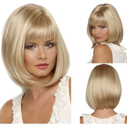 White Women Synthetic Full Wigs Short Straight Bob Hairstyle Blonde High Lights Hair Wig Heat Resistant