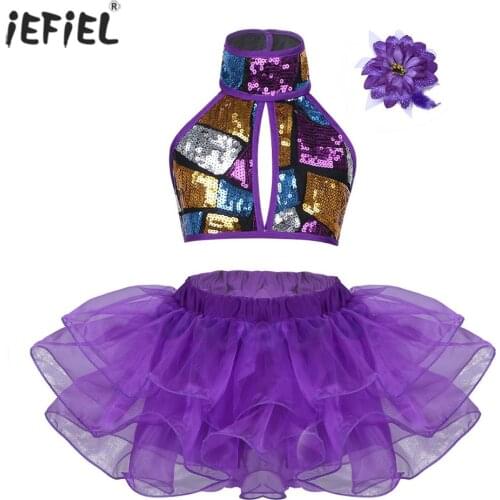 Girls Ballet Dance Dress Shiny Sequins Crop Top with Tutu Dress Jazz Stage Performance Dance Kids Girls Clothes Costume Dress