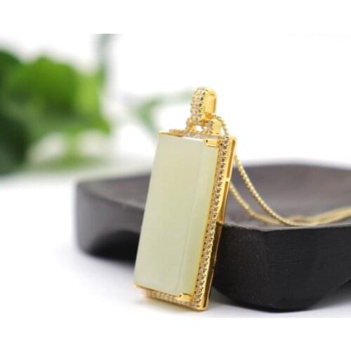 Hetian Jade Pendants FengShui Rectangle S925 Sterling Silver Crystal Embed Safe And Sound Card Necklace For Women Fine Jewelry