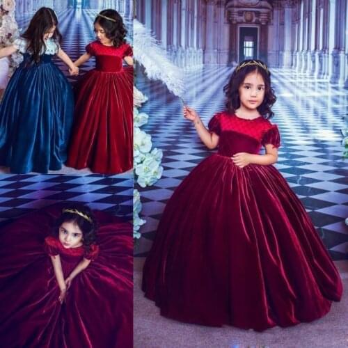 Dark Red Princess Flower Girl Dresses 2020 Cap Sleeve Velvet Ball Gown Floor Length Girls Pageant Dress