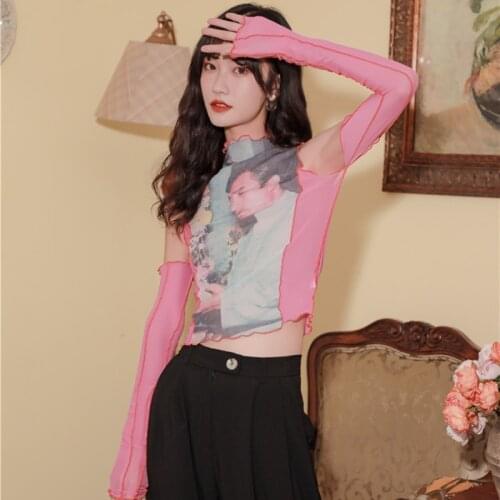 ZCSMLL Designer Off Shoulder Mesh Top Long Sleeve Top See Through T Shirt Women Tee Shirt Summer Fashion Tops J002