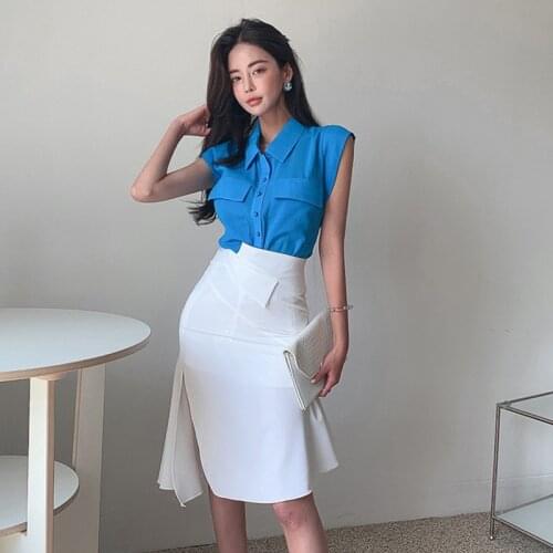 Casual Single-Breasted Pocket Loose Top Shirt Blouse Women OL Fashion Summer Korean High Waist Asymmetrical Skirt 2 Pieces Set
