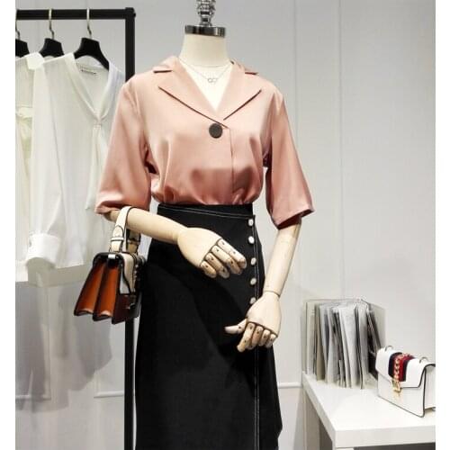 Womens Spring Summer Runway Fashion Pink Satin Chiffon Shirt Female Casual Loose Office Lady Basic Blouse Tees Tops TB1685