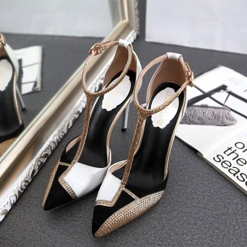 High heels for women Black Rhinestone glitter T strappy pointy toe stiletto stripper bridal wedding shoes Prom Evening Shoes
