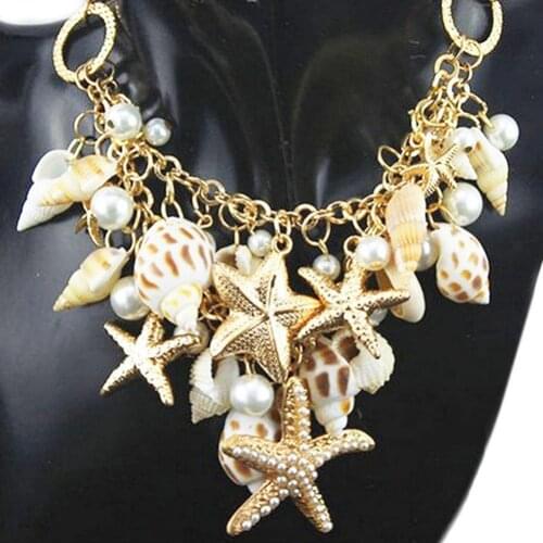 2021 New Fashion Beach Sparkling Shell Starfish Pendants Choker Necklaces Multi Layer Faux Pearl Statement Necklaces For Women