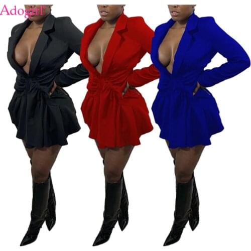 Adogirl Solid Blazer Coat Dress Women Sexy Turn Down Collar Deep V Neck Long Sleeve Pleated Ruffle Mini Vestidos Autumn Clothing