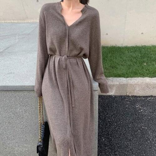 Fad Womens Autumn Winter Long Knitted Dresses Office Ladies Female Sweater Dress V Neck Long Sleeve with Sashes Ladies Vestido