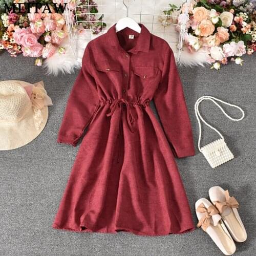 Vintage Corduroy Dress Women 2021 Long Sleeve Midi Party Dresses Casual Button Belted Office Dress Vestidos Plus Size Robe