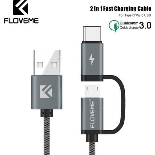 FLOVEME QC 3.0 Micro USB Type C Cable For Xiaomi Redmi Note 8 Pro 8 7 2 in 1 Fast Micro USB Cable For Samsung A50 A70 S10 S8 S9